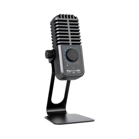 A microphone on a stand against a white background, featuring the IK Multimedia iRig Stream Mic Pro model.