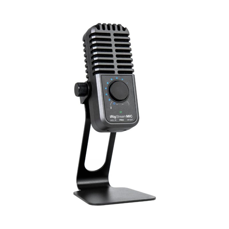A microphone on a stand against a white background, featuring the IK Multimedia iRig Stream Mic Pro model.
