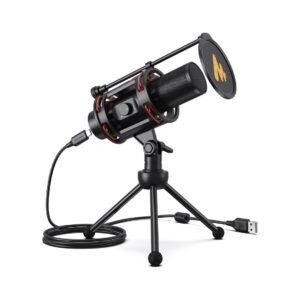 MAONO PM-471TS USB microphone on a desk, designed for clear audio recording and streaming.