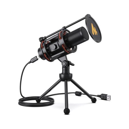 MAONO PM-471TS USB microphone on a desk, designed for clear audio recording and streaming.