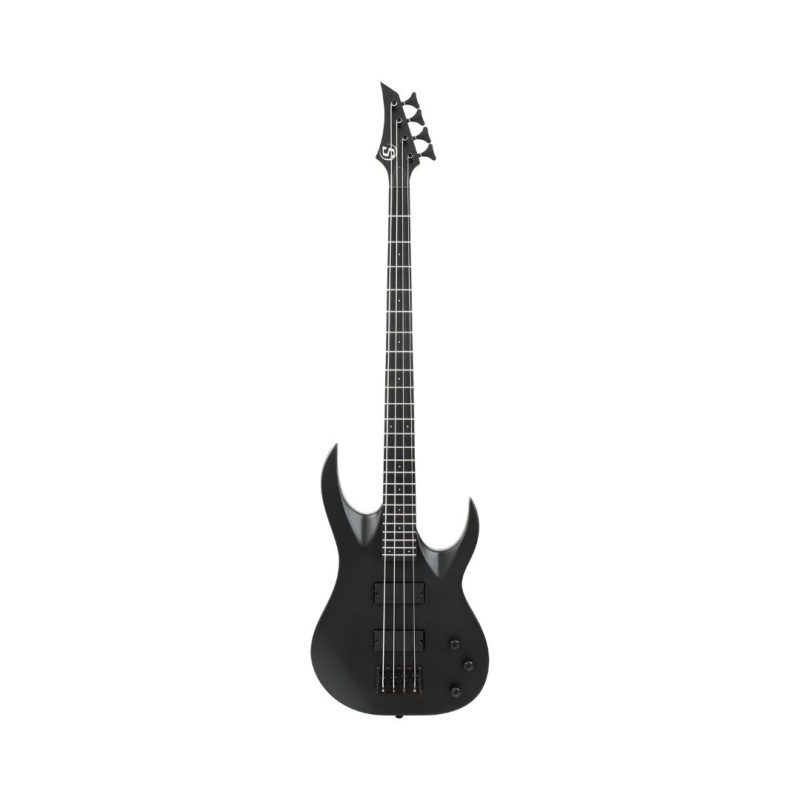 S by Solar AB4.4C carbon black electric bass guitar resting on a clean white background, showcasing its sleek design and polished finish.