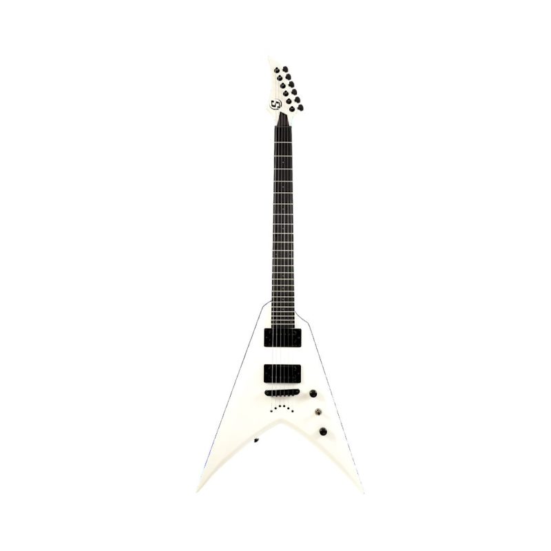 S by Solar VB4.6W white electric guitar with a sleek black pickguard, highlighting its stylish and modern appearance.