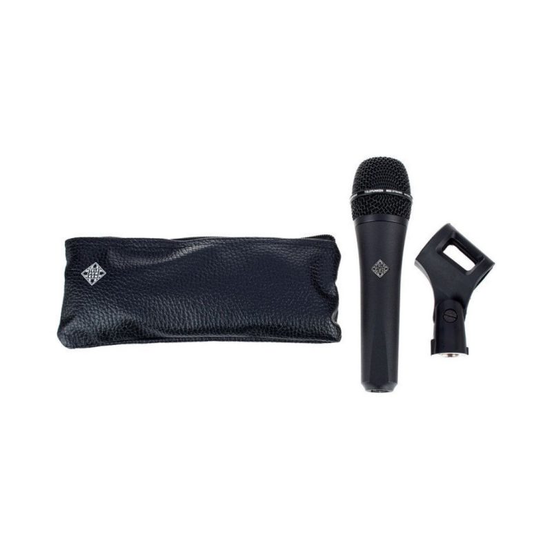 Telefunken M80 Black Body, Black Grille microphone next to a Leather Zipper Bag and M 780 Mic Clip, showcasing audio equipment and its accessories.