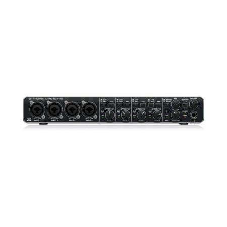 Behringer U-PHORIA UMC404HD 4x4 Black audio interface featuring four distinct inputs for connecting various audio devices.