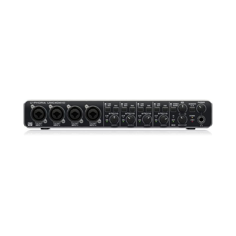 Behringer U-PHORIA UMC404HD 4x4 Black audio interface featuring four distinct inputs for connecting various audio devices.