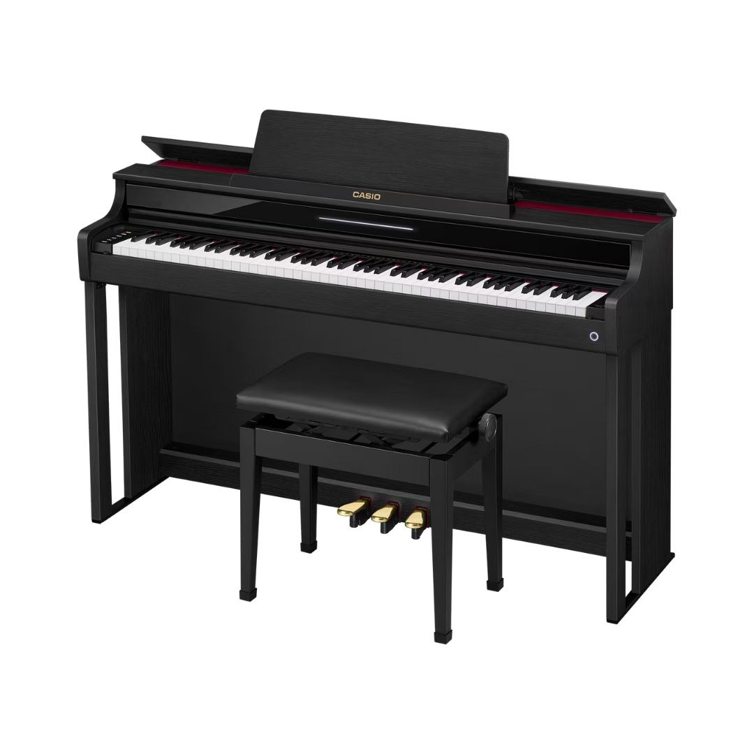 Black Casio Celviano AP-550 digital piano with bench displayed prominently, showcasing its sleek design and modern features.