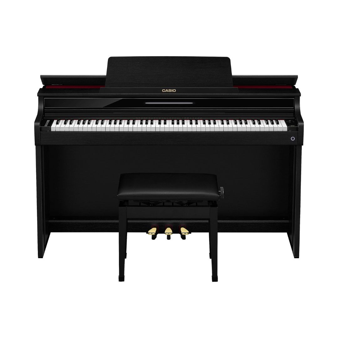 Black Casio Celviano AP-550 digital piano with bench displayed prominently, showcasing its sleek design and modern features.