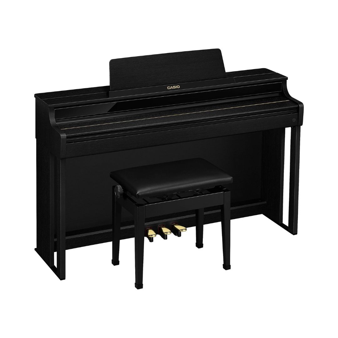 Black Casio Celviano AP-550 digital piano with bench displayed prominently, showcasing its sleek design and modern features.