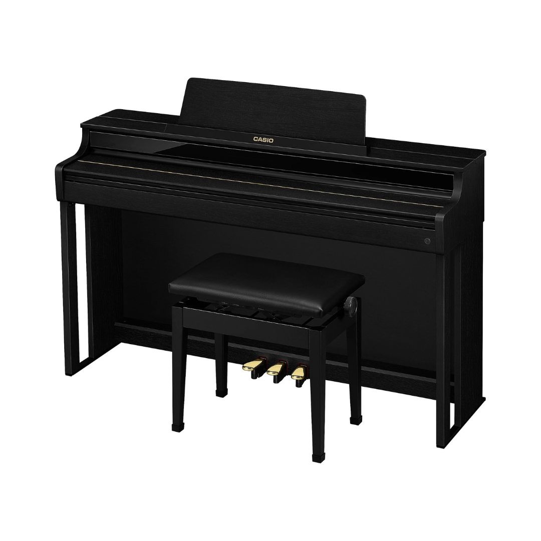 Black Casio Celviano AP-550 digital piano with bench displayed prominently, showcasing its sleek design and modern features.