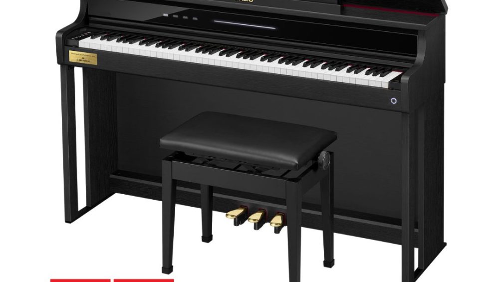 Digital piano with a sleek black case, model Casio Celviano AP-750, won design award 2024, designed for elegant home music performance.