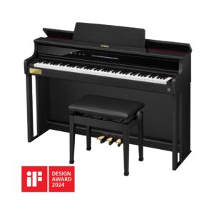 Digital piano with a sleek black case, model Casio Celviano AP-750, won design award 2024, designed for elegant home music performance.