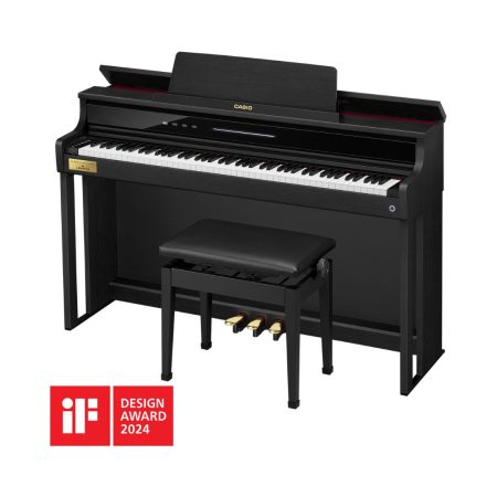 Digital piano with a sleek black case, model Casio Celviano AP-750, won design award 2024, designed for elegant home music performance.