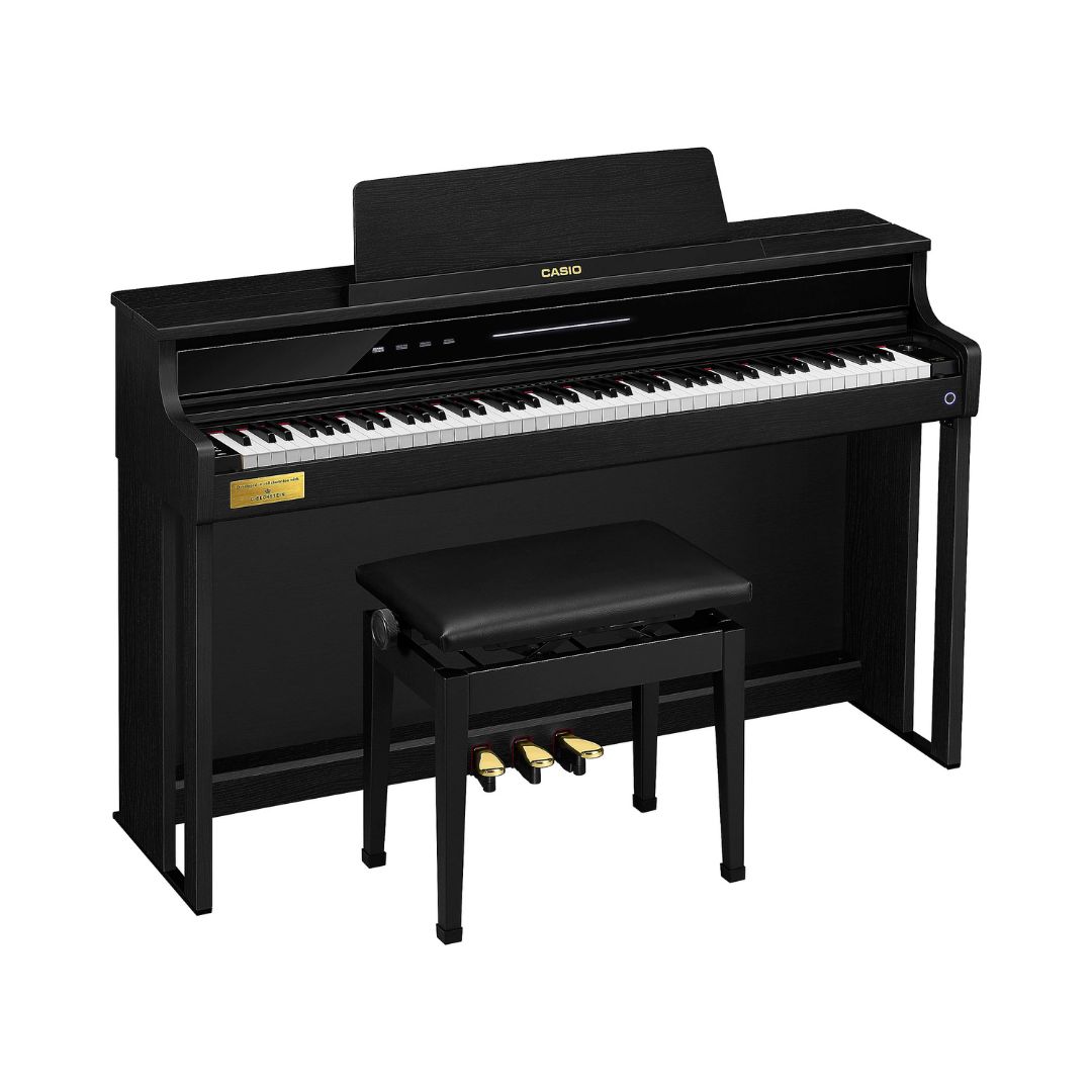 Digital piano with a sleek black case, model Casio Celviano AP-750, won design award 2024, designed for elegant home music performance.