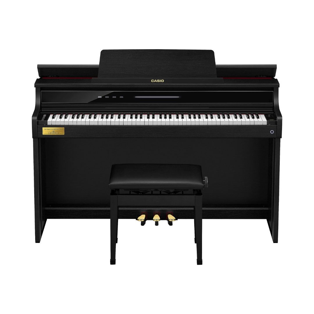 Digital piano with a sleek black case, model Casio Celviano AP-750, won design award 2024, designed for elegant home music performance.