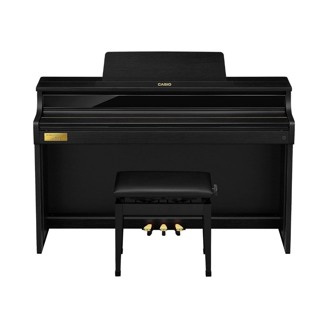 Digital piano with a sleek black case, model Casio Celviano AP-750, won design award 2024, designed for elegant home music performance.