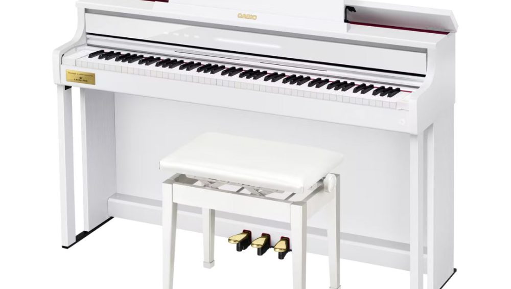 Digital piano with a sleek white case, model Casio Celviano AP-750, designed for elegant home music performance.