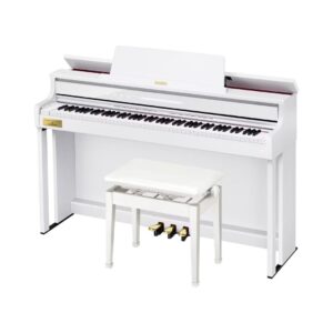 Digital piano with a sleek white case, model Casio Celviano AP-750, designed for elegant home music performance.