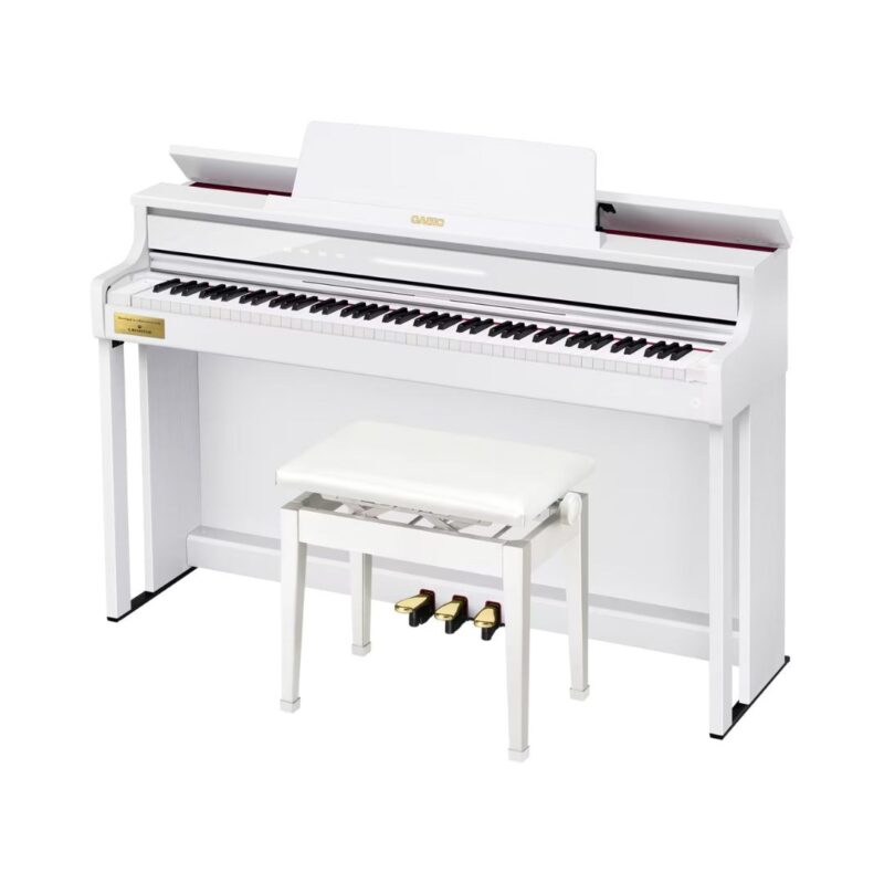 Digital piano with a sleek white case, model Casio Celviano AP-750, designed for elegant home music performance.