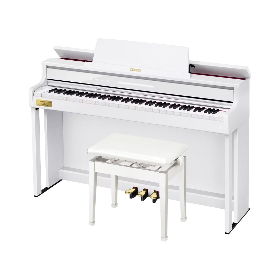 Digital piano with a sleek white case, model Casio Celviano AP-750, designed for elegant home music performance.