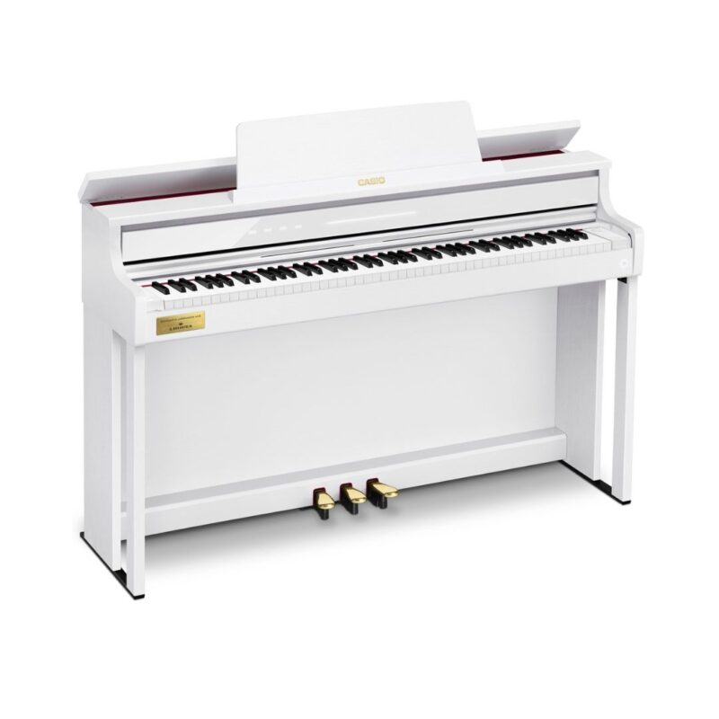 Digital piano with a sleek white case, model Casio Celviano AP-750, designed for elegant home music performance.