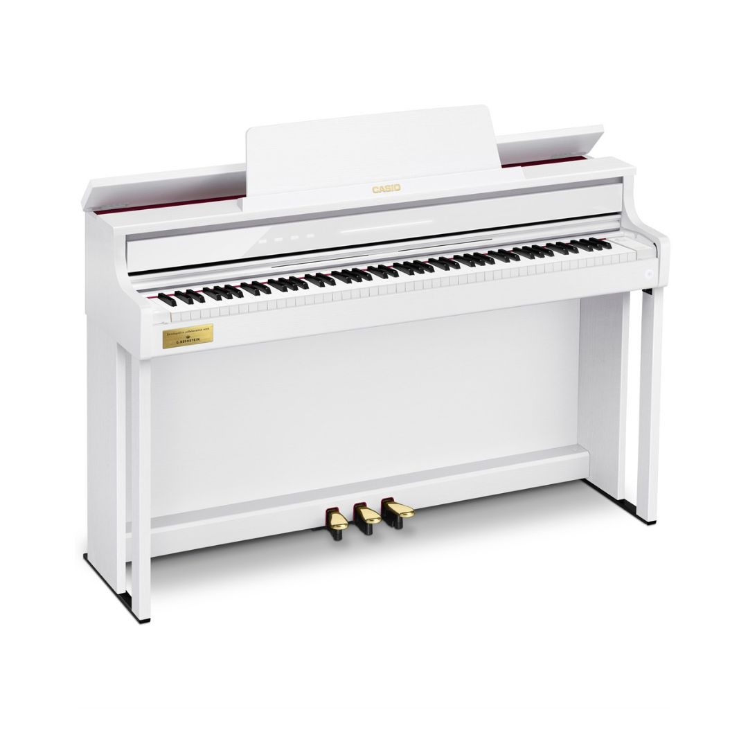 Digital piano with a sleek white case, model Casio Celviano AP-750, designed for elegant home music performance.