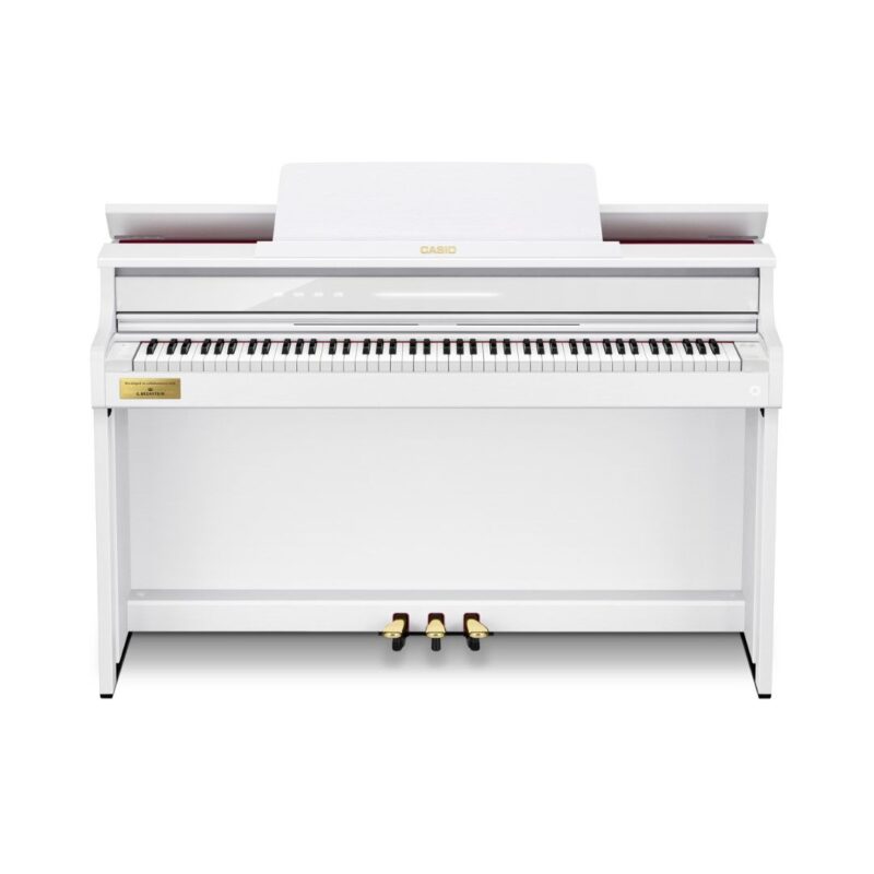 Digital piano with a sleek white case, model Casio Celviano AP-750, designed for elegant home music performance.