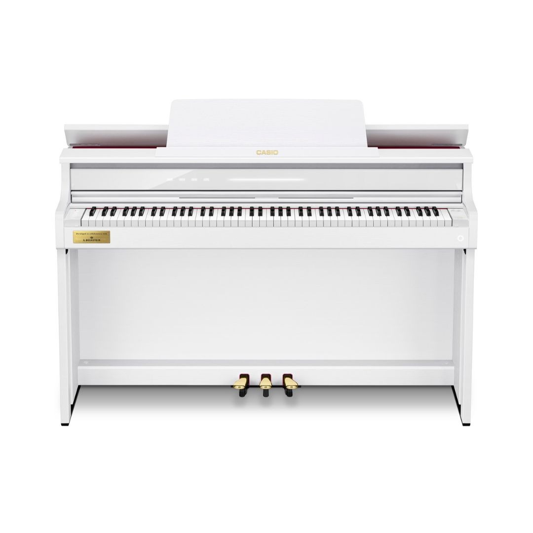 Digital piano with a sleek white case, model Casio Celviano AP-750, designed for elegant home music performance.