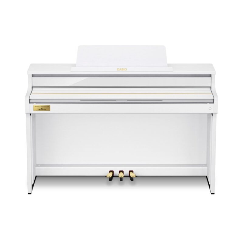Digital piano with a sleek white case, model Casio Celviano AP-750, designed for elegant home music performance.