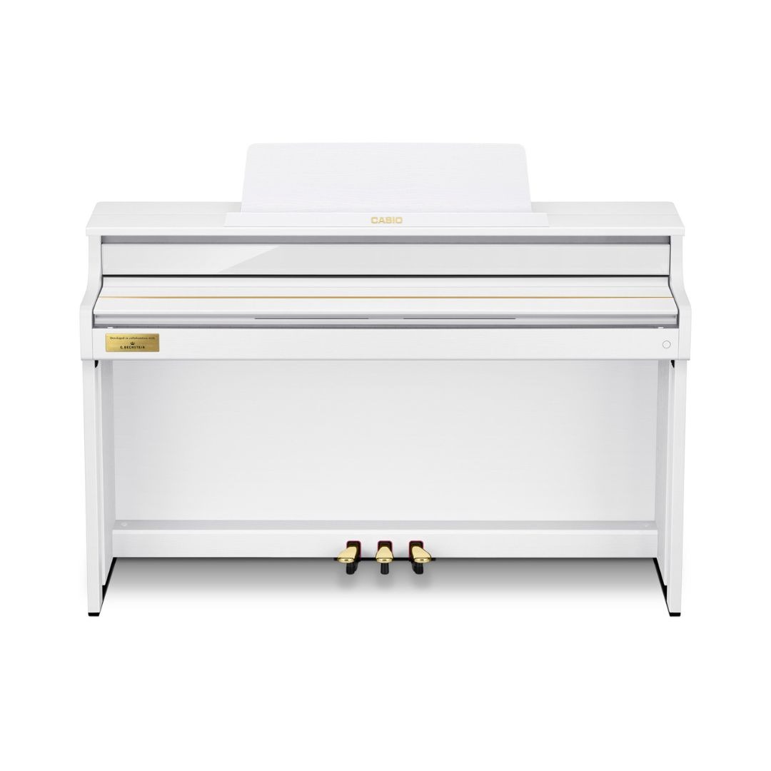 Digital piano with a sleek white case, model Casio Celviano AP-750, designed for elegant home music performance.