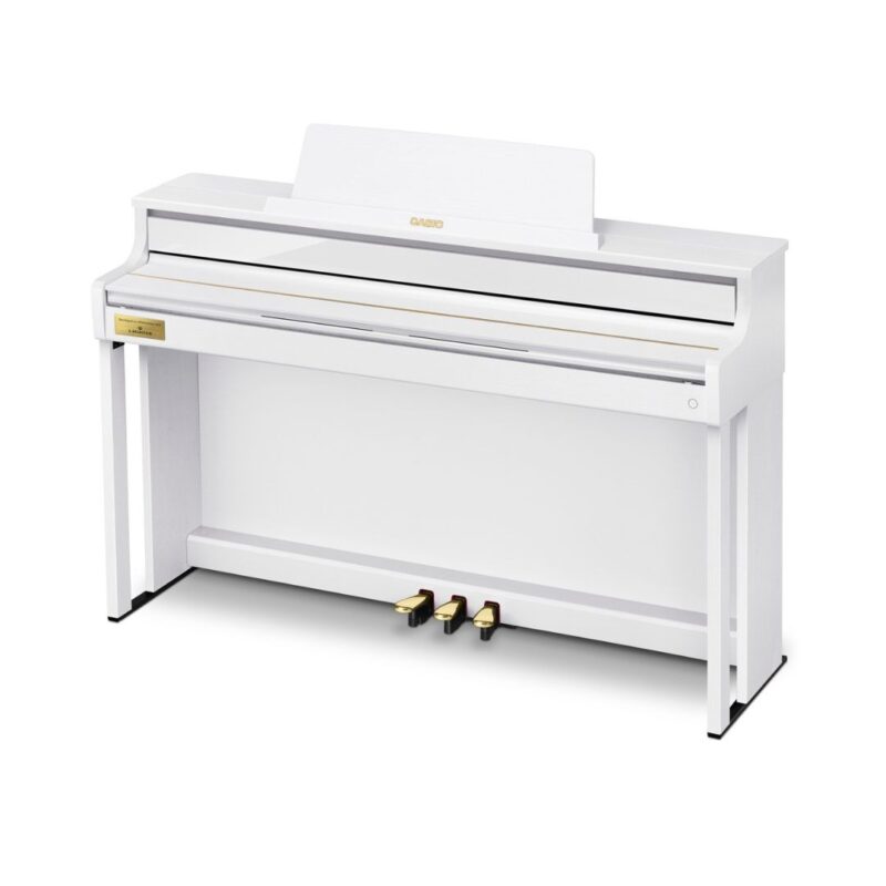 Digital piano with a sleek white case, model Casio Celviano AP-750, designed for elegant home music performance.