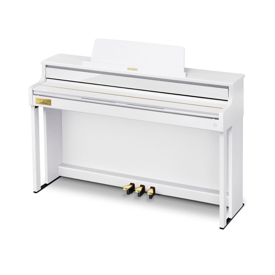 Digital piano with a sleek white case, model Casio Celviano AP-750, designed for elegant home music performance.