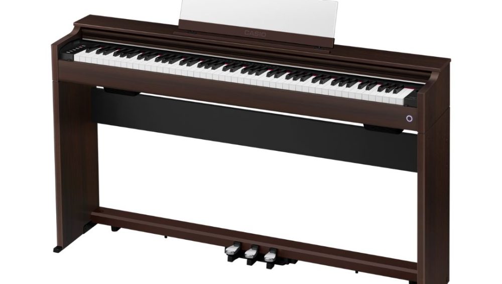 Digital piano with a sleek brown case, model Casio Celviano AP-S200, designed for elegant home music performance.
