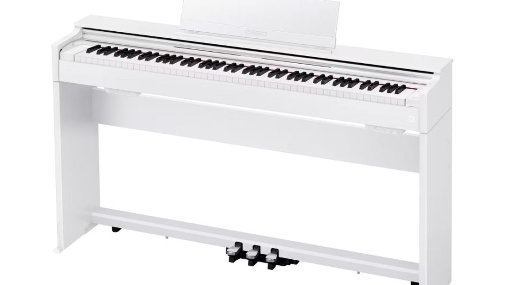 Digital piano with a sleek white case, model Casio Celviano AP-S200, designed for elegant home music performance.