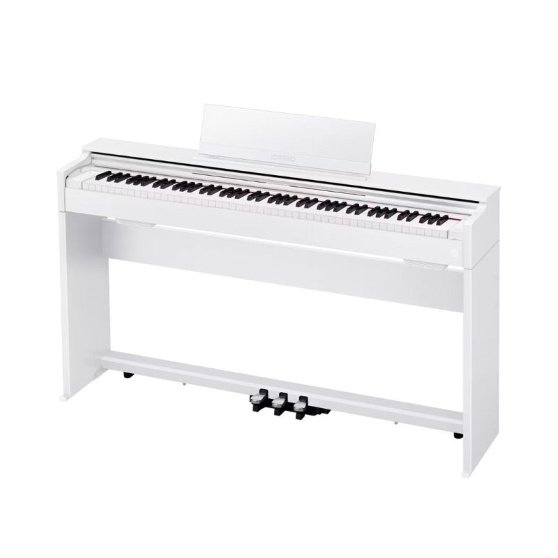 Digital piano with a sleek white case, model Casio Celviano AP-S200, designed for elegant home music performance.