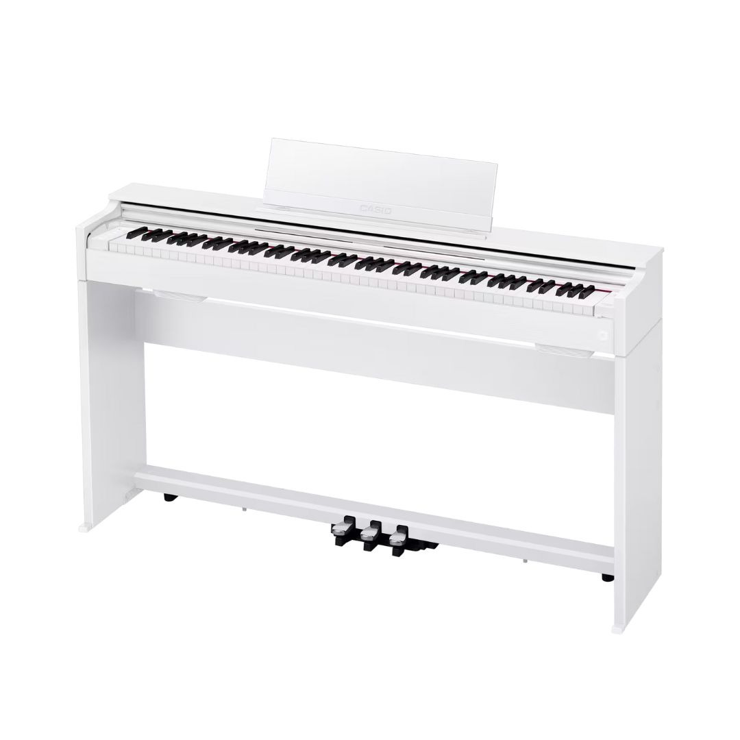 Digital piano with a sleek white case, model Casio Celviano AP-S200, designed for elegant home music performance.