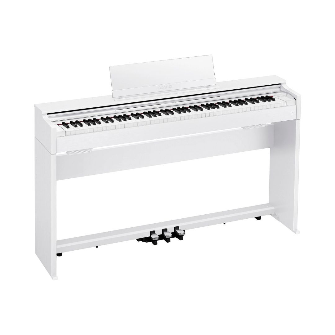 Digital piano with a sleek white case, model Casio Celviano AP-S200, designed for elegant home music performance.