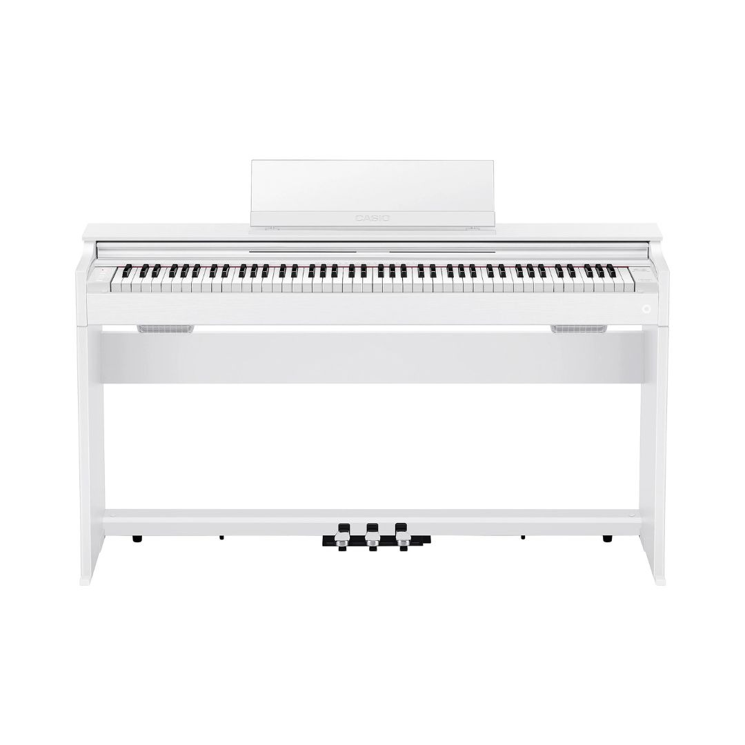 Digital piano with a sleek white case, model Casio Celviano AP-S200, designed for elegant home music performance.