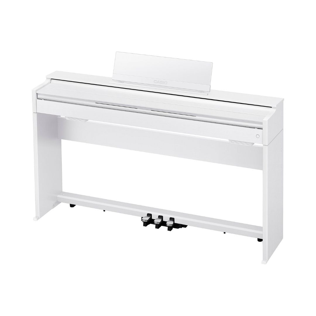 Digital piano with a sleek white case, model Casio Celviano AP-S200, designed for elegant home music performance.