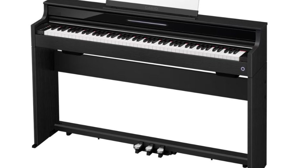 Black Casio Celviano AP-S450 Slim Console Digital Piano on a white background, showcasing its sleek design.