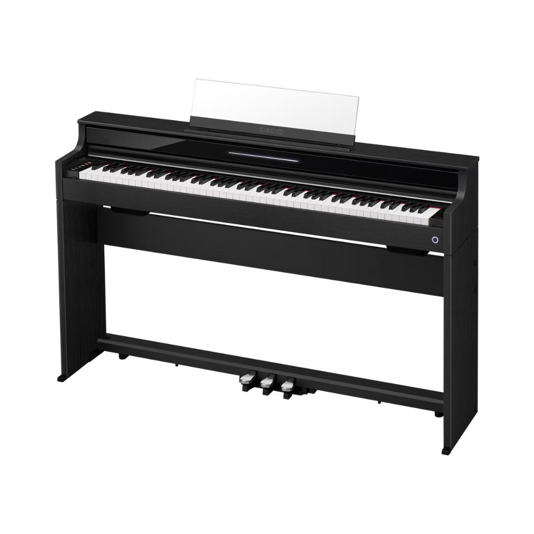Black Casio Celviano AP-S450 Slim Console Digital Piano on a white background, showcasing its sleek design.