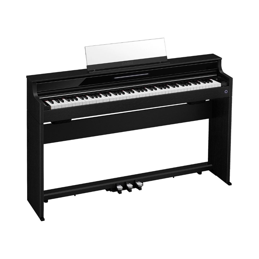 Black Casio Celviano AP-S450 Slim Console Digital Piano on a white background, showcasing its sleek design.
