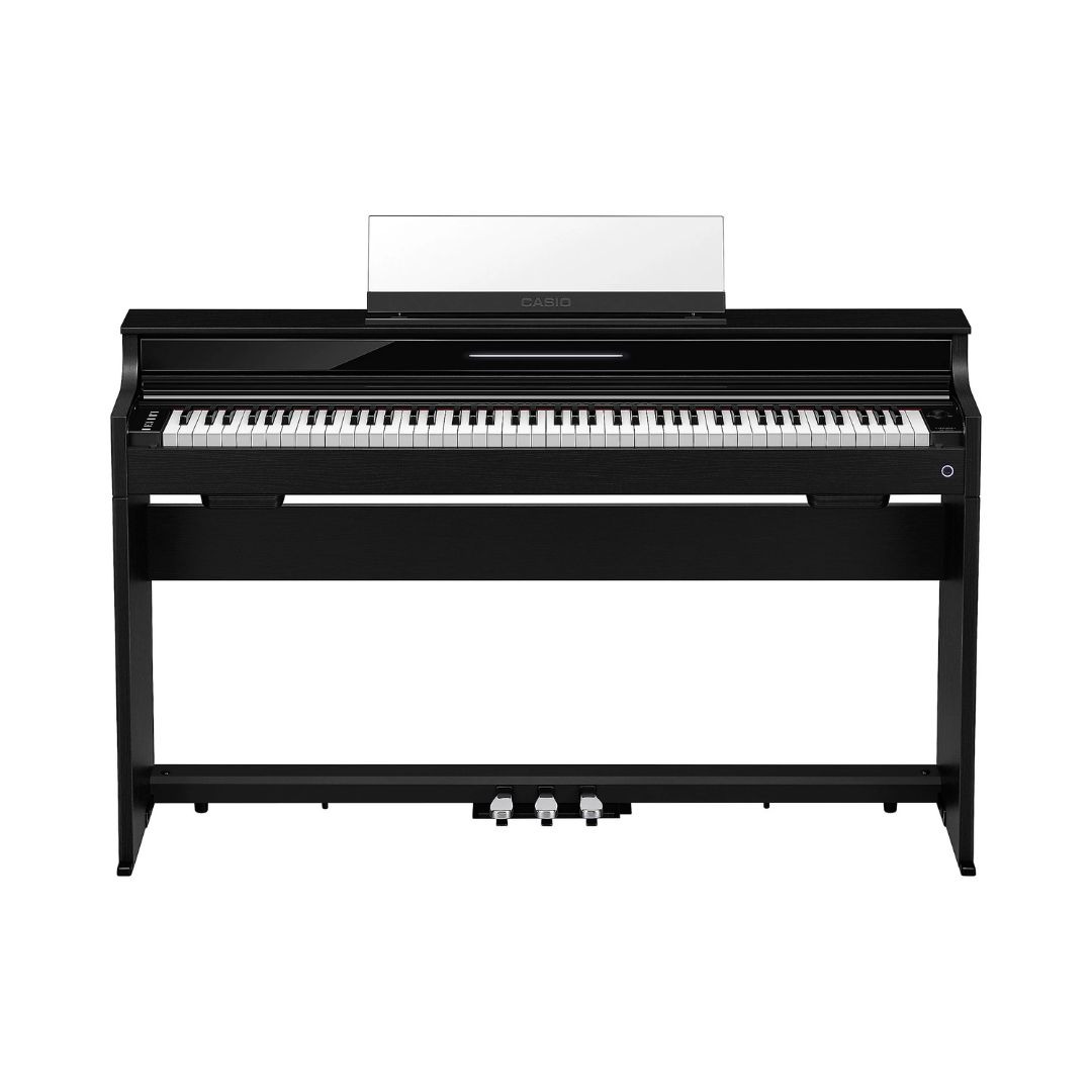 Black Casio Celviano AP-S450 Slim Console Digital Piano on a white background, showcasing its sleek design.