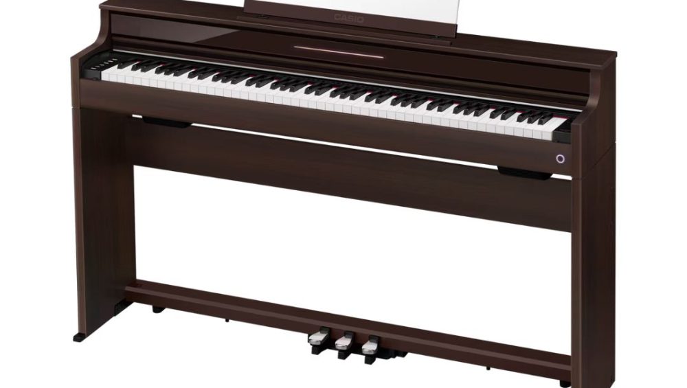 Brown Casio Celviano AP-S450 Slim Console Digital Piano on a white background, showcasing its sleek design.
