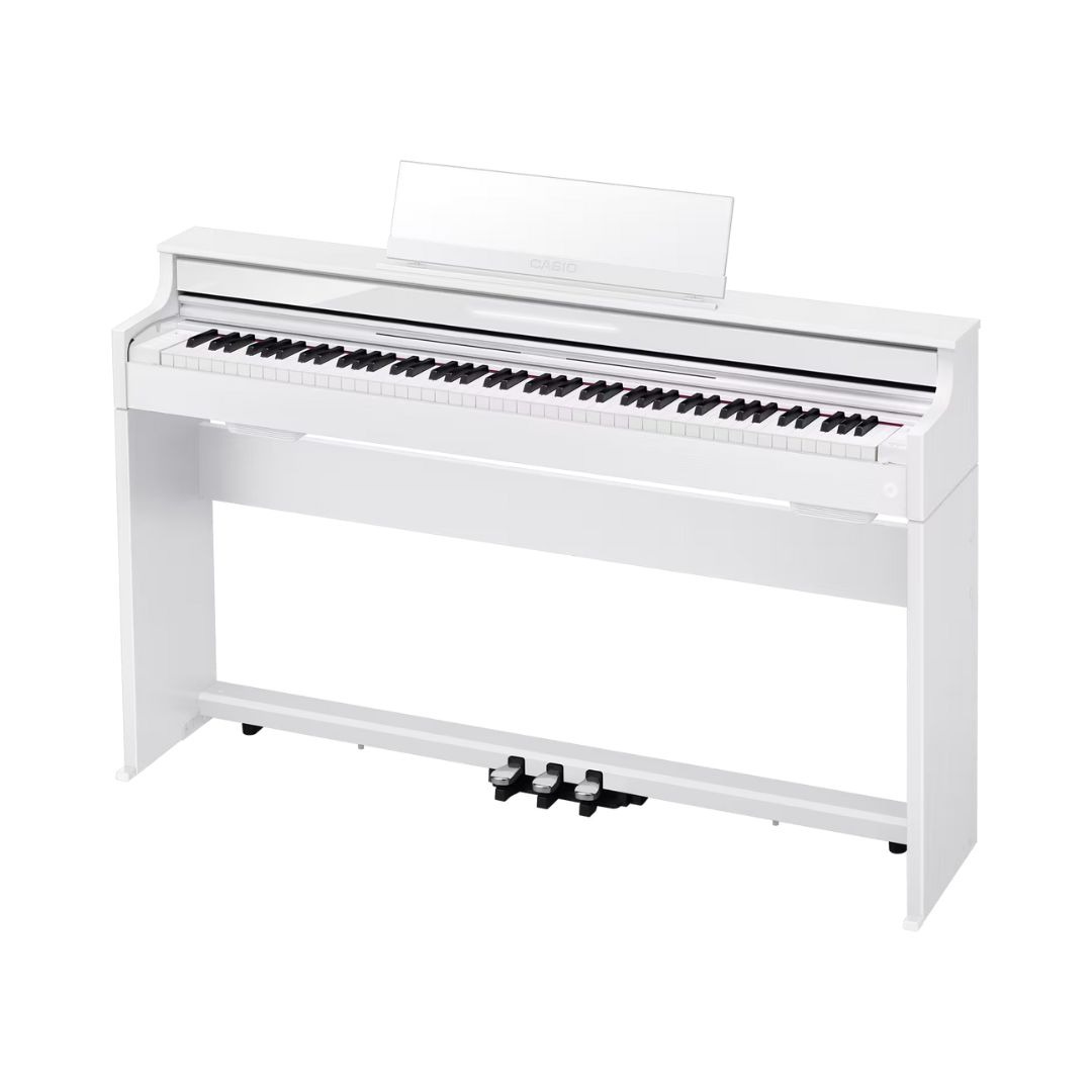 White Casio Celviano AP-S450 Slim Console Digital Piano on a white background, showcasing its sleek design.