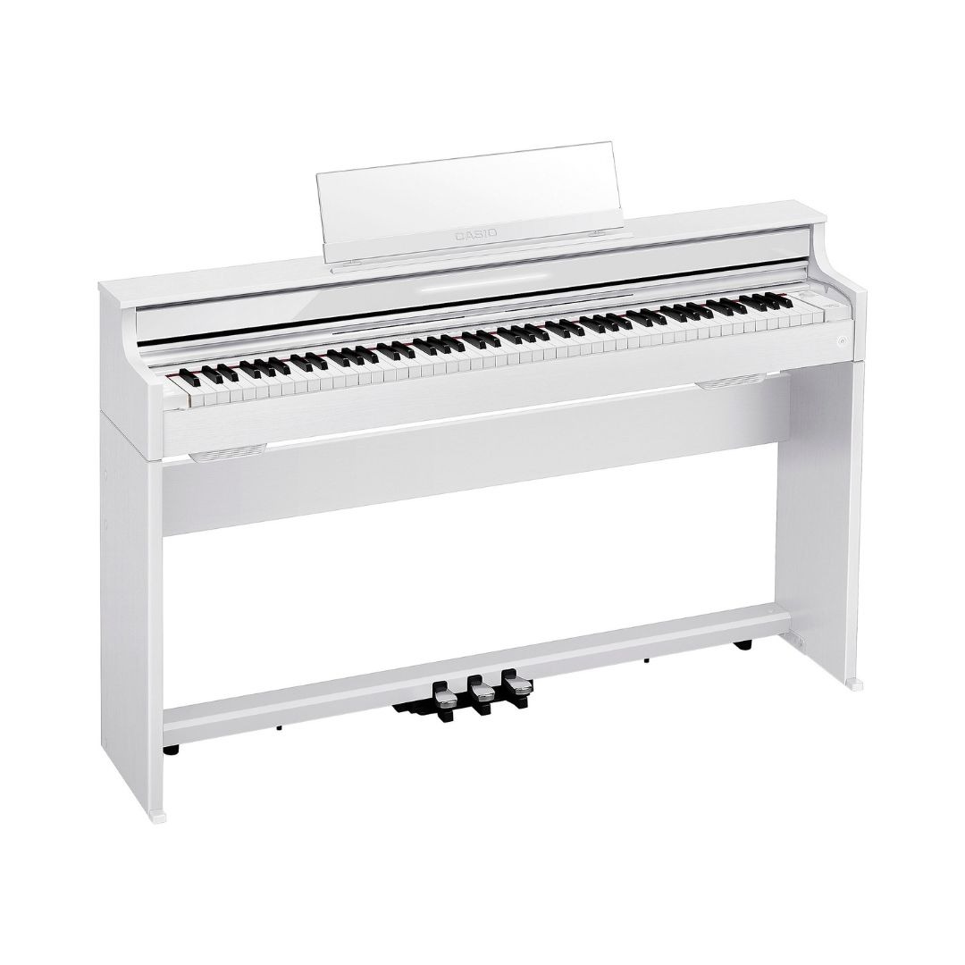 White Casio Celviano AP-S450 Slim Console Digital Piano on a white background, showcasing its sleek design.