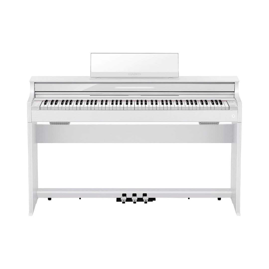 White Casio Celviano AP-S450 Slim Console Digital Piano on a white background, showcasing its sleek design.