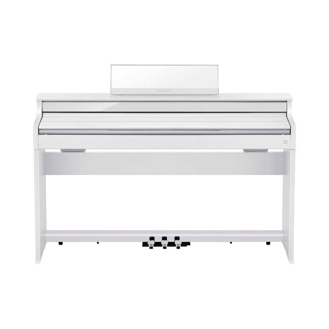 White Casio Celviano AP-S450 Slim Console Digital Piano on a white background, showcasing its sleek design.