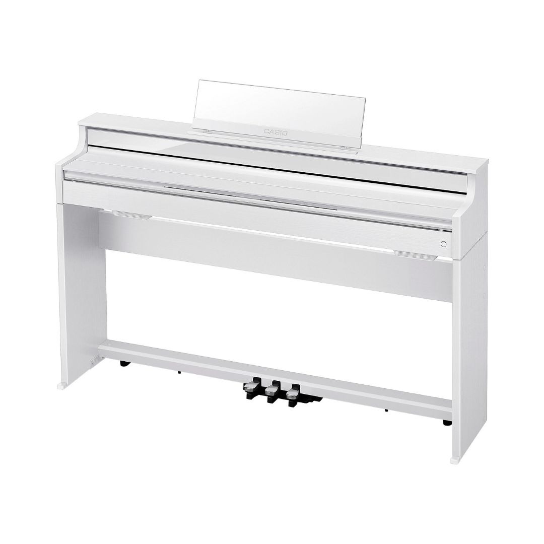 White Casio Celviano AP-S450 Slim Console Digital Piano on a white background, showcasing its sleek design.