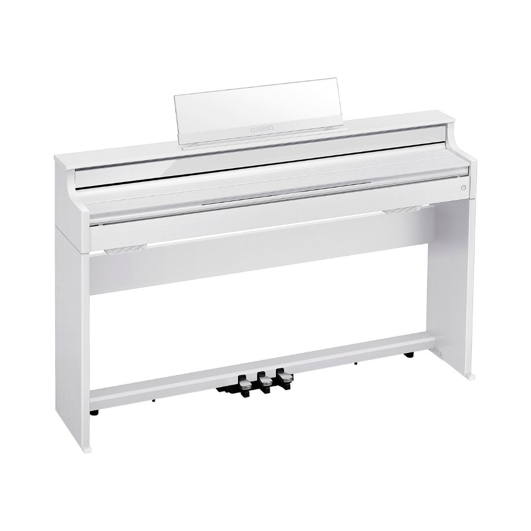 White Casio Celviano AP-S450 Slim Console Digital Piano on a white background, showcasing its sleek design.