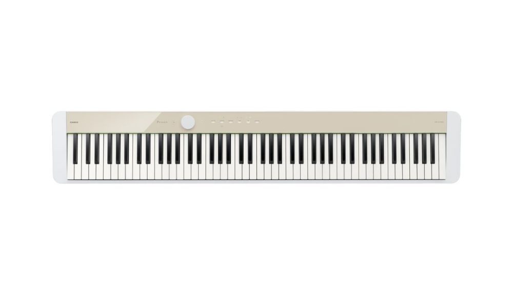Mellow Beige color Casio Privia PX-S1100 digital piano with 88 keys, set against a plain white background.